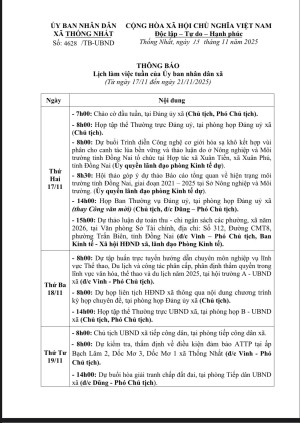 THÔNG BÁO LỊCH LÀM VIỆC TUẦN CỦA ỦY BAN NHÂN DÂN XÃ