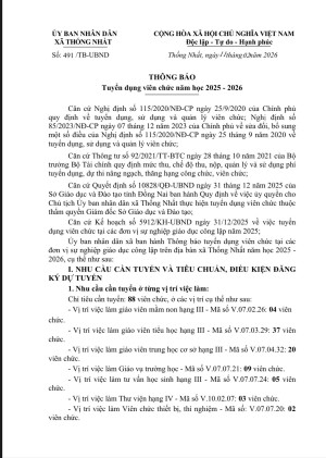Thông báo tuyển dụng viên chức năm học 2025 - 2026