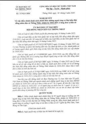 Nghị quyết về việc điều chỉnh danh sách chính thức những người ứng cử Đại biểu Hội đồng nhân dân xã Thống Nhất, nhiệm kỳ 2026 - 2031 ở từng đơn vị bầu cử
