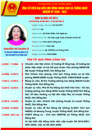 TIỂU SỬ TÓM TẮT CỦA NGƯỜI ỨNG CỬ ĐẠI BIỂU HỘI ĐỒNG NHÂN DÂN XÃ THỐNG NHẤT, NHIỆM KỲ 2026-2031 ĐƠN VỊ BẦU CỬ SỐ 5