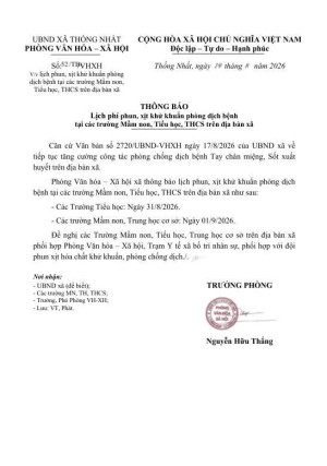 THÔNG BÁO  Lịch phí phun, xịt khử khuẩn phòng dịch bệnh  tại các trường Mầm non, Tiểu học, THCS trên địa bàn xã