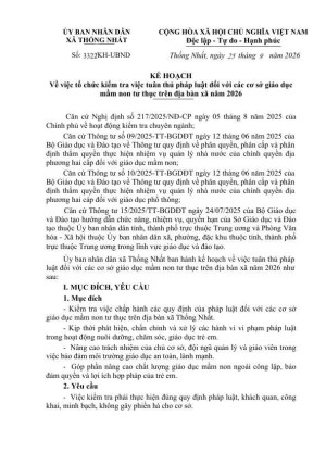 KẾ HOẠCH Về việc tổ chức kiểm tra việc tuân thủ pháp luật đối với các cơ sở giáo dục  mầm non tư thục trên địa bàn xã năm 2026