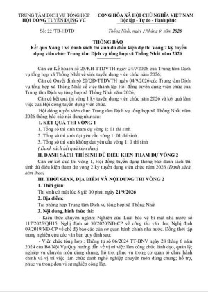 Kết quả Vòng 1 và danh sách thí sinh đủ điều kiện dự thi Vòng 2 kỳ tuyển  dụng viên chức Trung tâm Dịch vụ tổng hợp xã Thống Nhất năm 2026