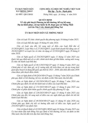 Về việc phê duyệt Phương án bồi thường, hỗ trợ bổ sung  Dự án Khôi phục, cải tạo Quốc lộ 20, đoạn qua xã Thống Nhất  (xã Gia Tân 2 cũ), thành phố Đồng Nai